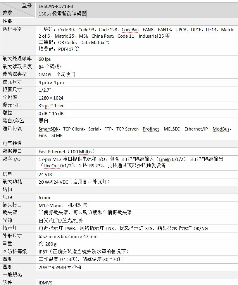 海？？？？？礚VSCAN-RD713-3智能读码器参数图